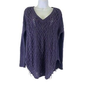 Free People Cross My Heart Sweater Loose Knit V-Neck Purple High Low Fringe XS